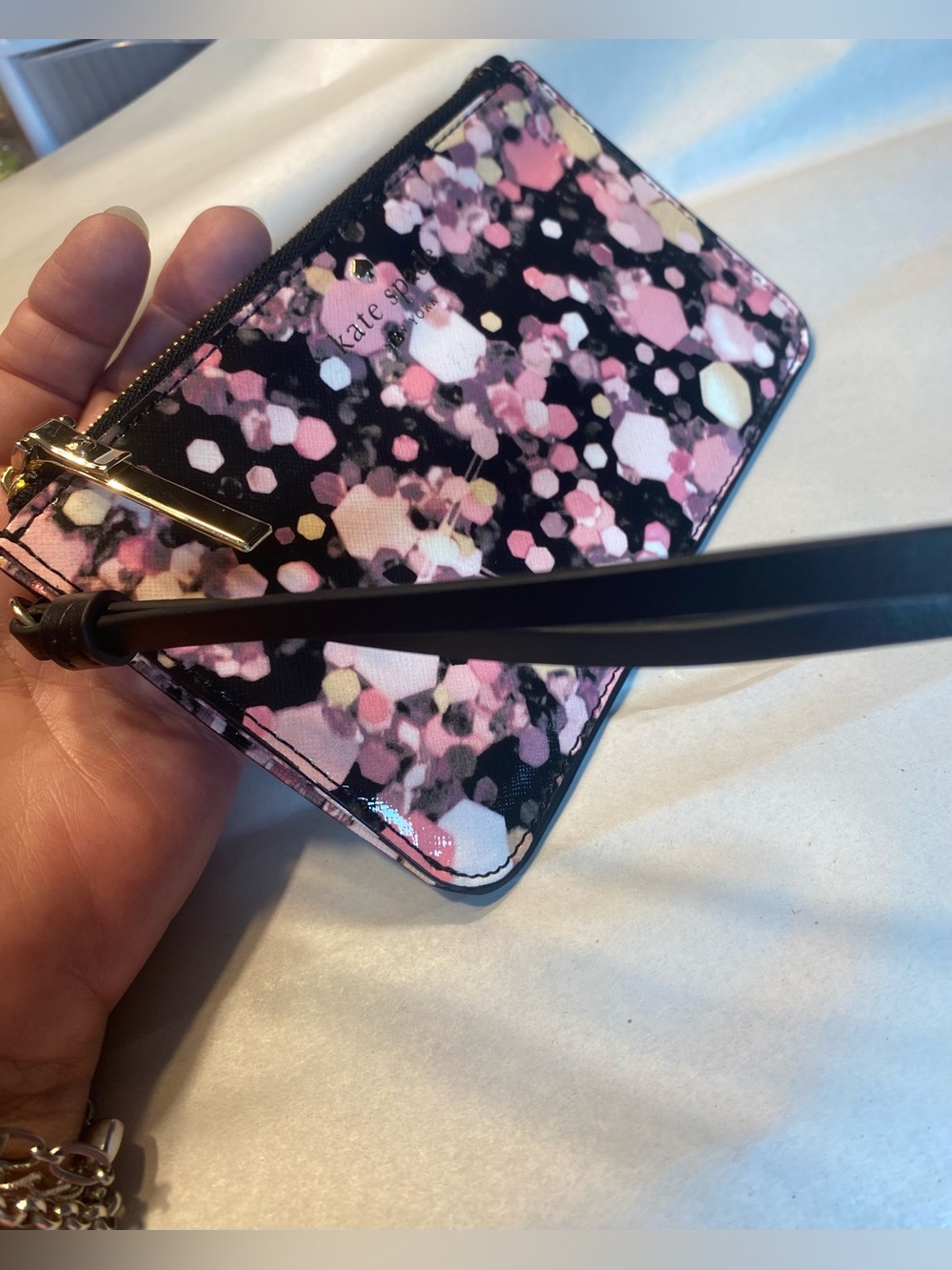 Kate Spade Grant Lane Slim Bee Wristlet Wallet Pink Confetti Glitter Card Holder